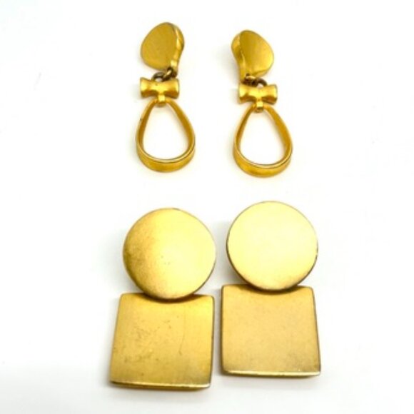 VINTAGE 80S 90S BRUSHED GOLD GEOMETRIC HOOP TEARDROP EARRINGS MODERNIST - Picture 3 of 15
